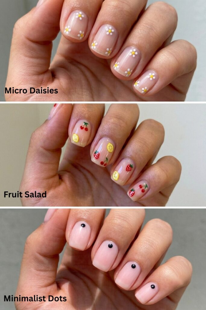A vertical collage of three manicures for short nails: top, clear base with delicate white 'Micro Daisies'; middle, natural nails with tiny painted cherries and strawberries ('Fruit Salad'); bottom, sheer pink nails with a centered 'Minimalist Dot' in black.