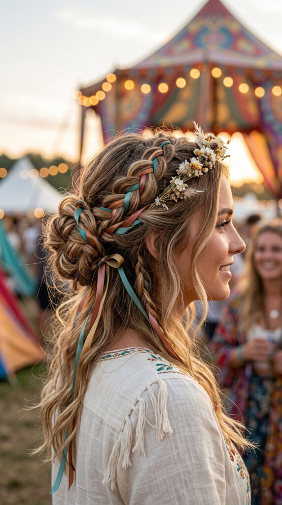 A detailed side-profile photograph of a woman with an intricate, low-braided updo interwoven with multi-colored silk ribbons (teal, copper, gold). She is smiling and looking off-camera. She wears a delicate dried flower crown on her head and a white embroidered boho-style dress. The background is a blurred, sun-drenched festival scene at dusk, featuring a large, colorful ornate tent with glowing string lights, and blurred attendees in the distance. The lighting is warm and golden hour. The image has a vertical 9:16 aspect ratio.