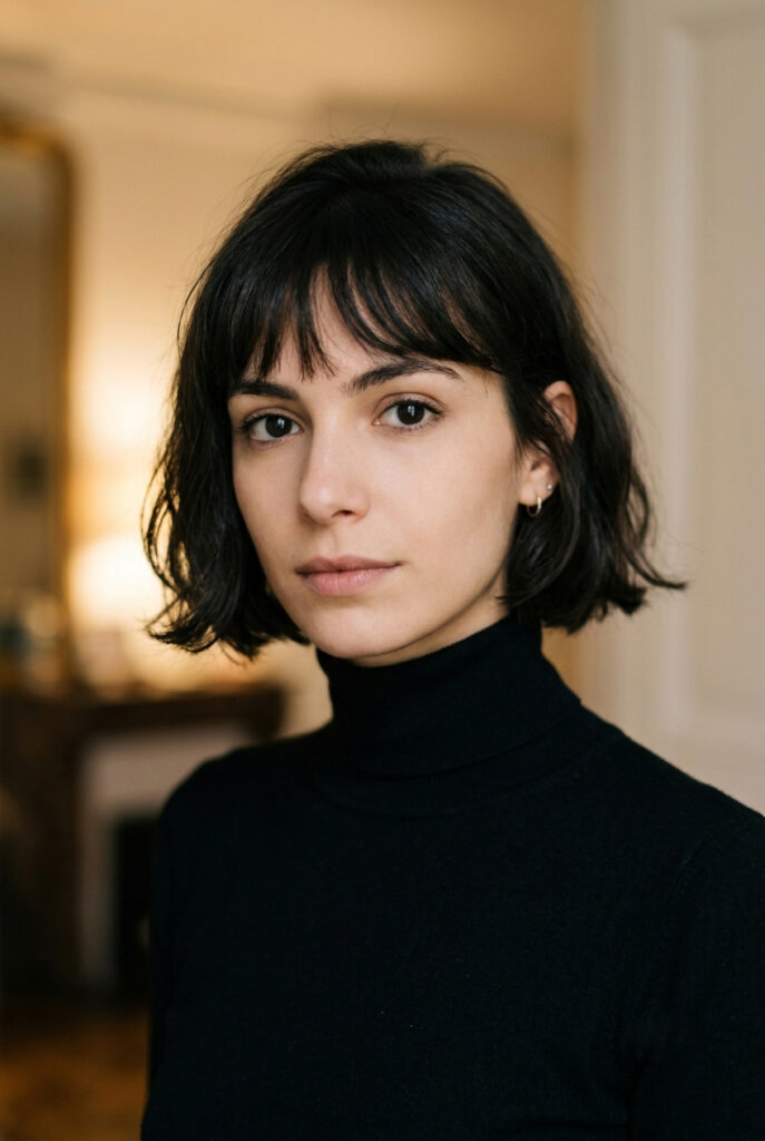 A sophisticated woman sporting a classic jaw-length French bob with a wispy fringe in a Parisian apartment.
