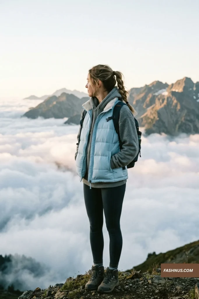 A high-elevation portrait taken at sunrise, showing a woman in her 20s standing on a rocky mountain ledge above a sea of clouds. She is wearing a grey convertible fleece pullover, which she has partially converted into a soft neck pillow, with her hands tucked inside the hidden pouch for warmth. She is smiling faintly at the golden horizon. Her long hair is loosely tied. The background features blue mountain peaks. The image has soft lighting and deep shadows.