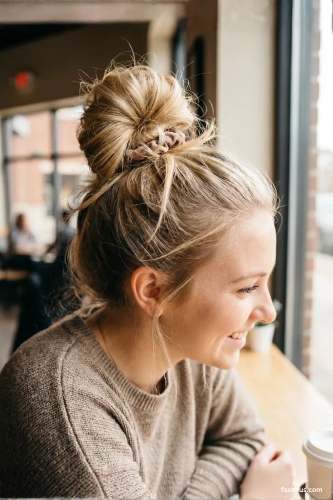 Profile view of a smiling young blonde woman with her hair styled up in a casual, messy high bun with a scrunchie.
