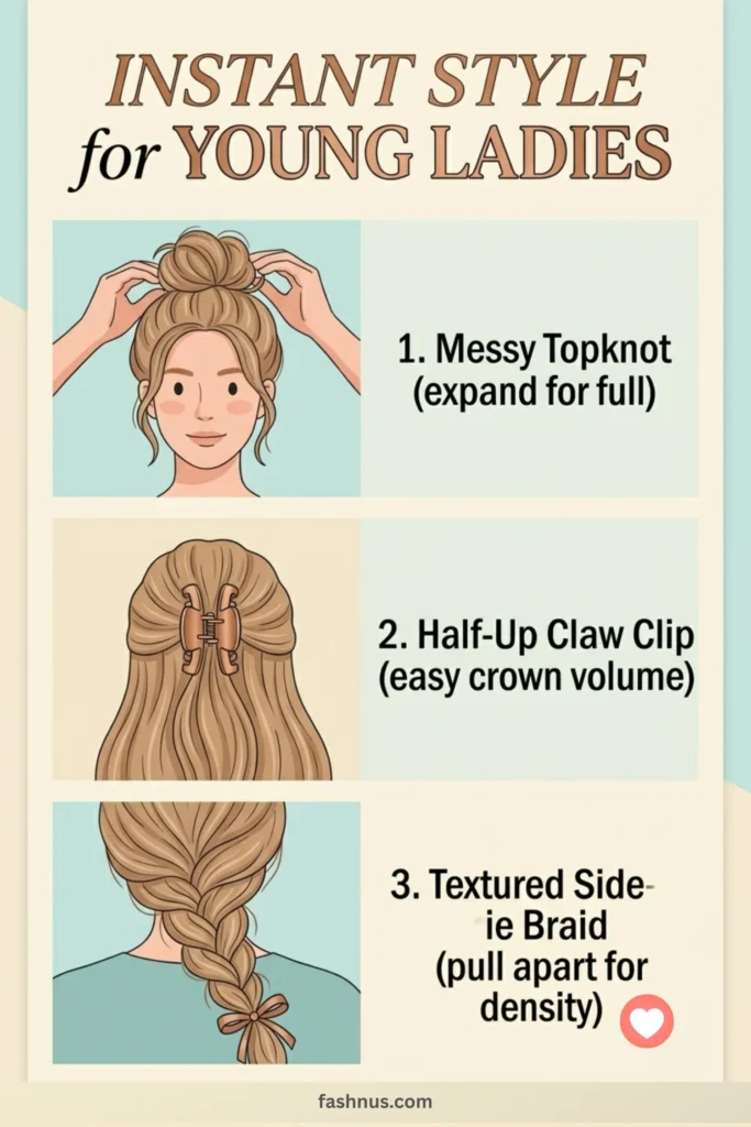 Three illustrated quick styles for young ladies with fine hair: an expanded messy topknot, a half-up claw clip, and a pancaked side braid