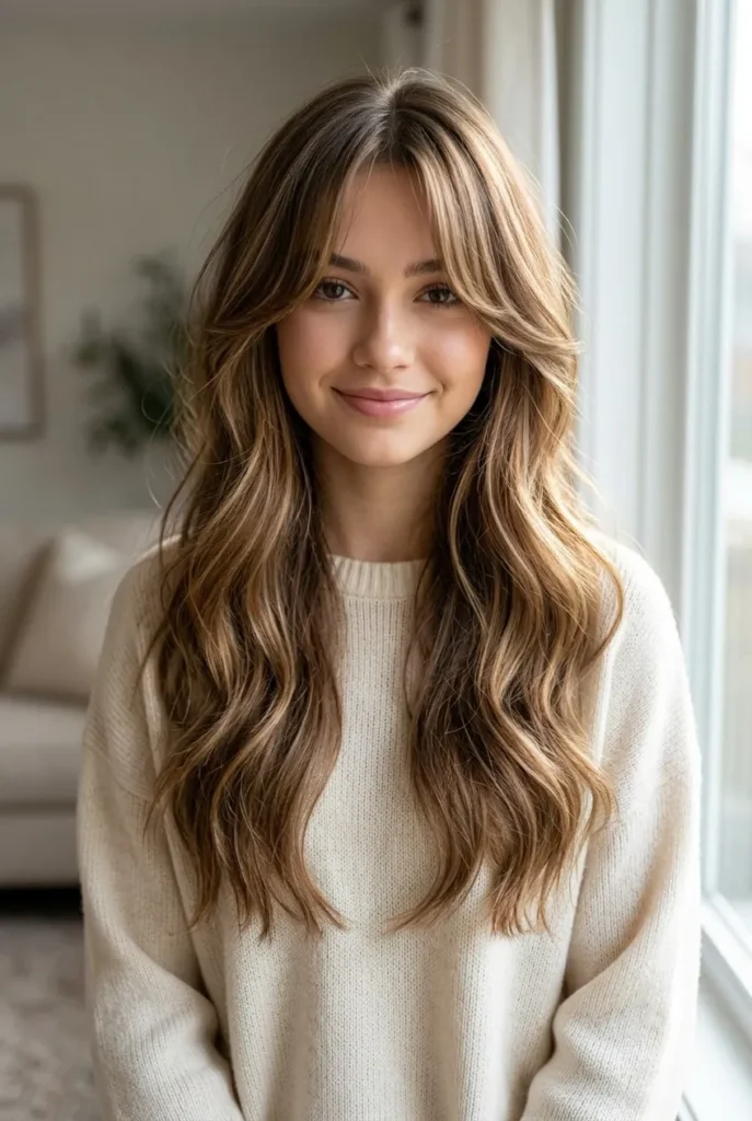 A 17-year-old girl with long, wavy brown hair with blonde highlights and face-framing curtain bangs.