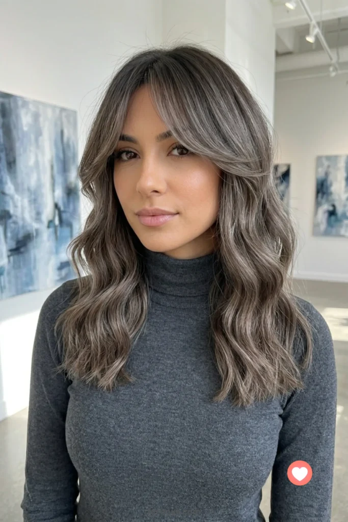 A stylish vertical portrait of a woman with cool-toned ash brown hair and long, feathered curtain bangs framing her face.