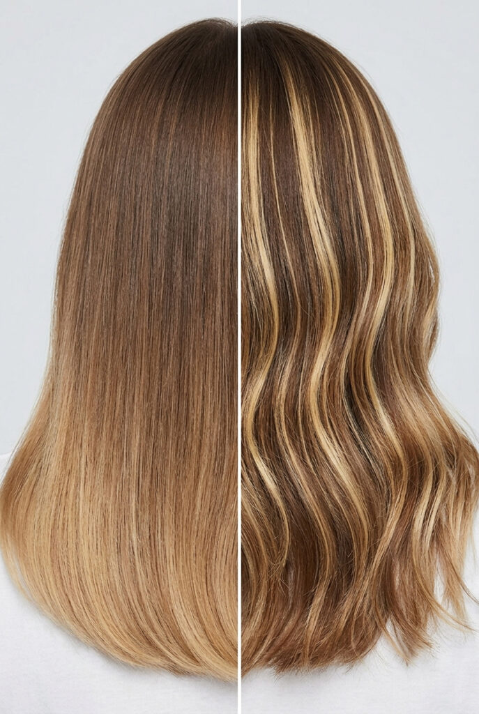 Side-by-side comparison of soft Sombré gradient and painted Balayage highlights, providing subtle hair colour ideas.
