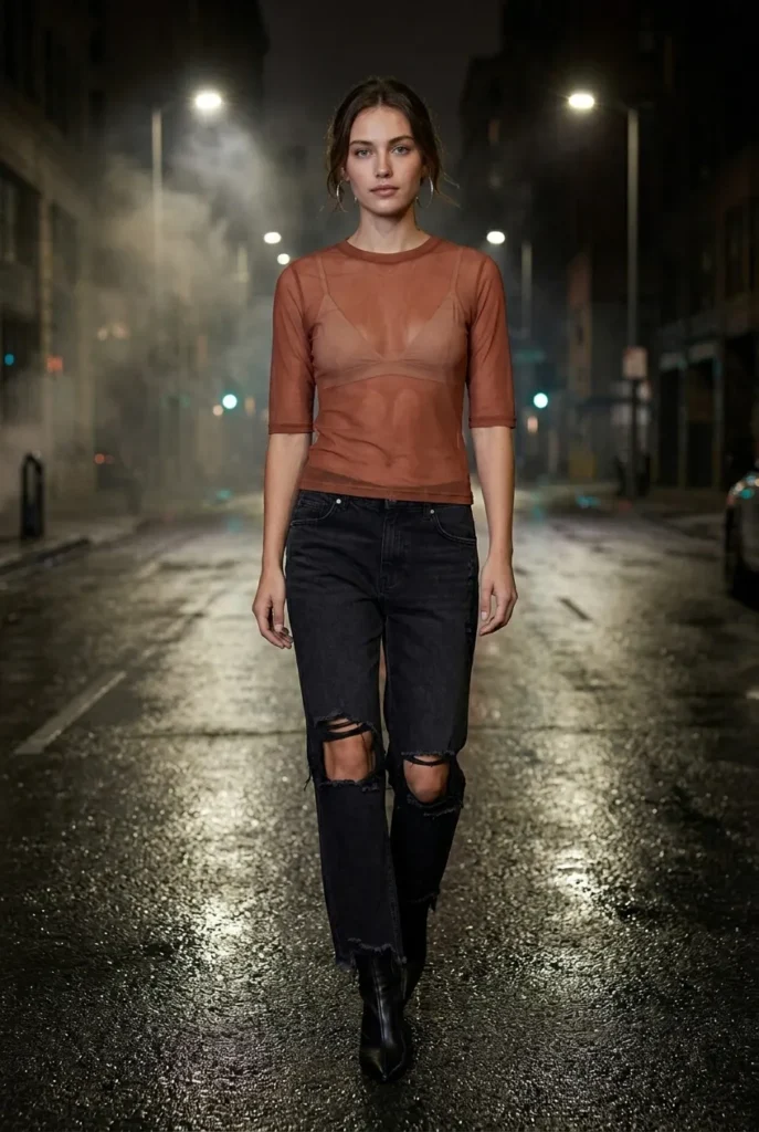 Model wears sheer burnt clay mesh tee over a nude bralette and shredded black raw-hem denim with knee slits and a frayed ankle, walking on a moody city street at night.
