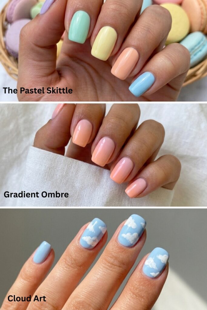 A vertical collage of three soft pastel manicures: top, mismatched creamy pastel 'Skittle' nails; middle, smooth 'Gradient Ombre' transitioning from soft peach to light pink; bottom, soft blue nails with hand-painted white 'Cloud Art'.