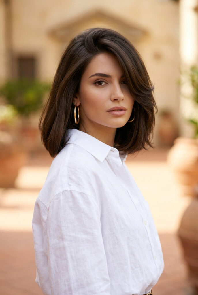 A glamorous woman with a voluminous, bouncy shoulder-length Italian bob flipping casually in a sunlit villa courtyard.