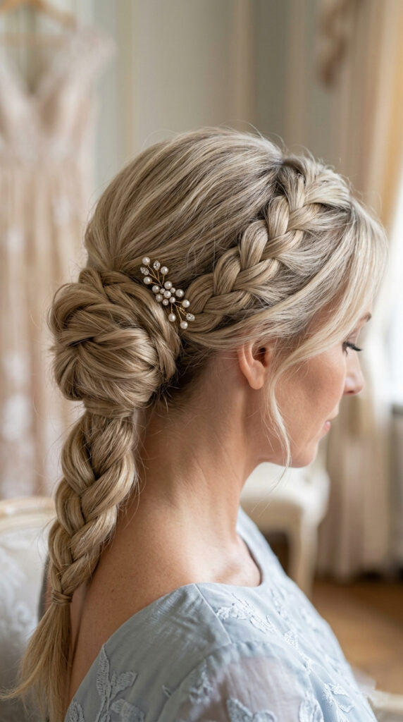 A close-up vertical photograph (9:16) capturing an elegant and secure low braided bun hairstyle suitable for a Mother of the Bride. The textured blonde hair is swept into a neat braided bun secured at the nape of the neck, featuring a soft, lived-in texture with subtle fullness. A delicate antique gold-toned hairpin with pearls and small crystals is tucked into the bun, adding a touch of sparkle. The hairstyle is shown from a side-back angle against a softly blurred pre-ceremony interior.