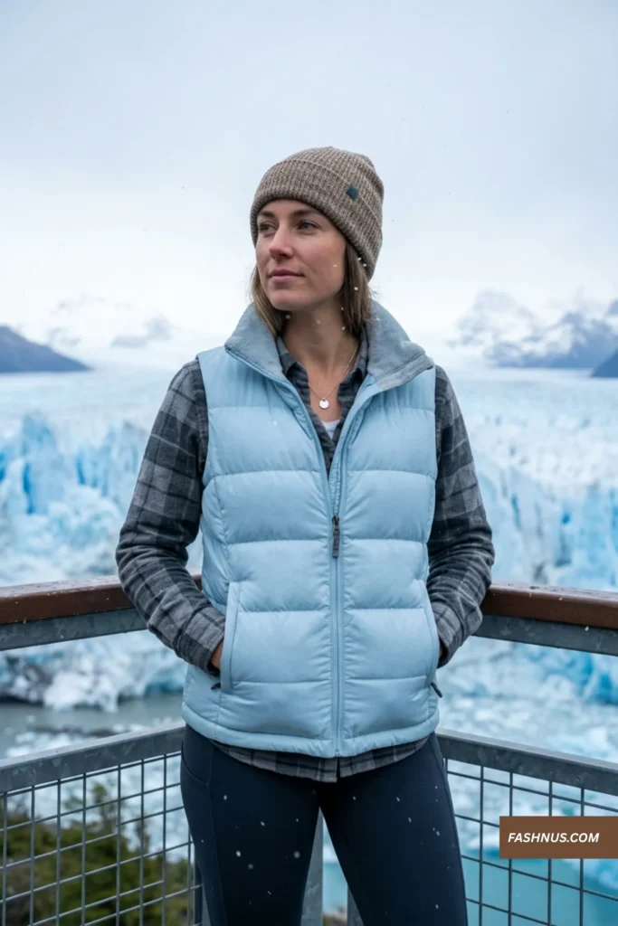 A high-quality vertical photograph taken on a viewing platform, capturing a woman from the chest up, looking out over a massive glacier under an overcast sky. She is wearing an ice-blue puffy insulated vest over a grey flannel shirt and dark leggings. The vest has a high, fleece-lined collar and prominent insulation. Her hands are tucked into the hidden heat-pack pockets. Snowflakes are gently falling. A simple silver necklace and tiny snowflake earrings are visible. The atmosphere is crisp and cold.