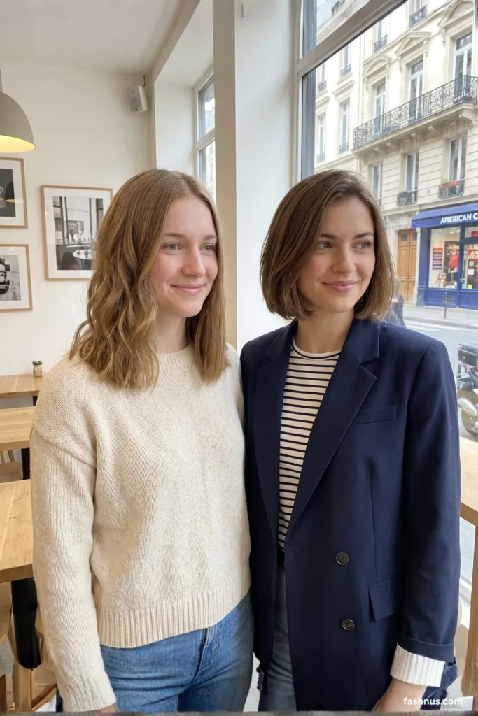 Two stylish women standing indoors near a window showcasing trendy medium wavy hair and a sleek chin-length bob.