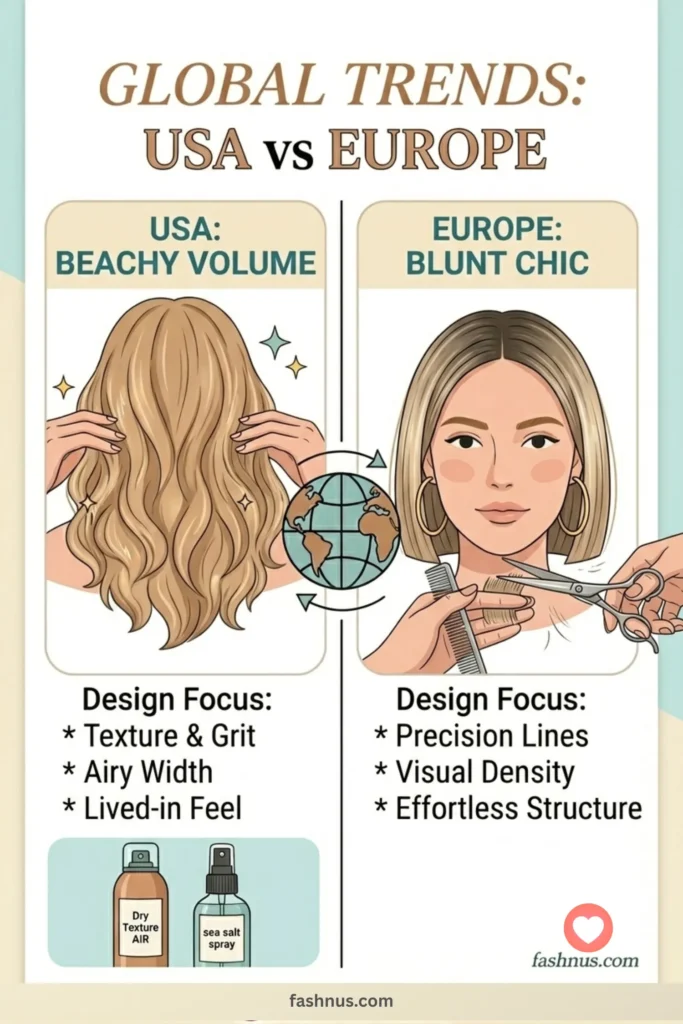 A trend comparison graphic showing the USA preference for beachy textured waves versus the European preference for structured, blunt bob precision
