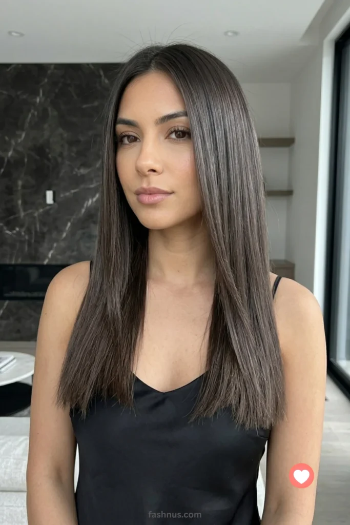 Long, pin-straight, glossy hair in a deep espresso ash brown color with a mirror-like shine and cool undertones.