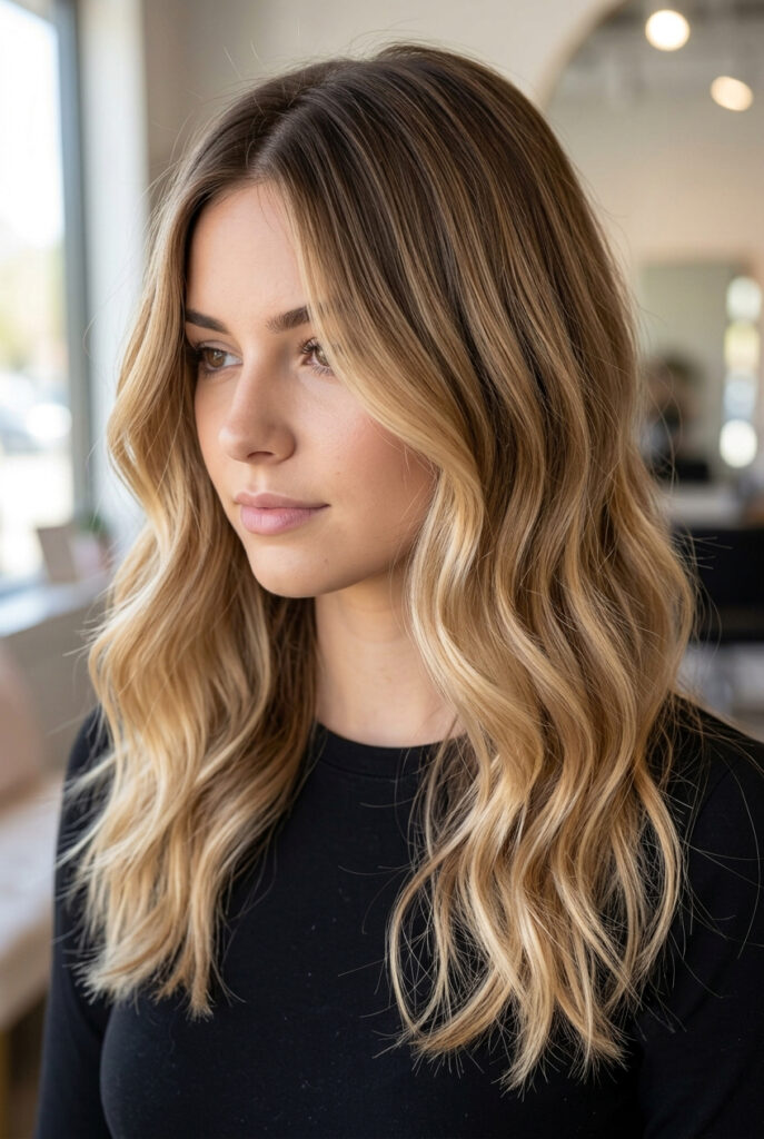 A model displaying a seamless shadow root blending into golden blonde ends, ideal for rooted hair colour ideas for easy grow-out.
