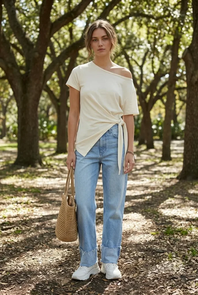 Model in cream asymmetrical twist jersey tee exposing a collarbone and deconstructed sky-blue raw-hem denim with uneven cuffs, walking in an artistic park setting with dappled sunlight.