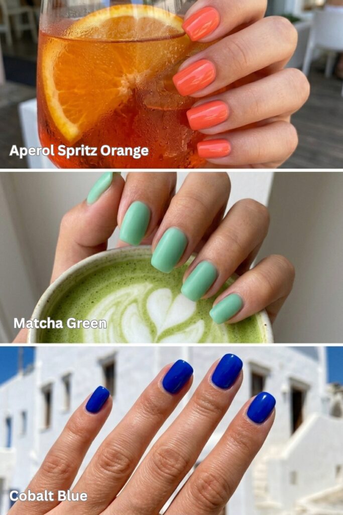 A vertical collage of three manicures in top summer colors: top, vibrant 'Aperol Spritz Orange' glossy nails holding a cocktail; middle, smooth matte 'Matcha Green' nails holding a latte bowl; bottom, rich, vibrant 'Cobalt Blue' nails against white stucco.