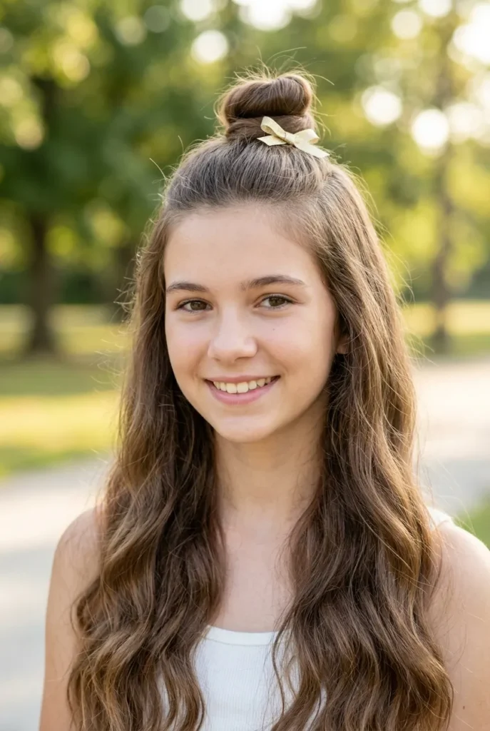 A cheerful 15-year-old girl with long wavy hair in a half-up top knot style in a park.