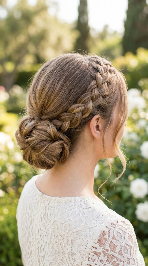 A vertical photograph, from a three-quarter back angle, shows a woman with light brown hair styled into an intricate Dutch braid crown updo. The braid forms a headband across the top of her head from ear to ear, and the remaining hair is gathered into a voluminous, secure low bun at the nape of her neck. The setting is a soft-focus outdoor garden with natural daylight, suitable for a wedding or festival.