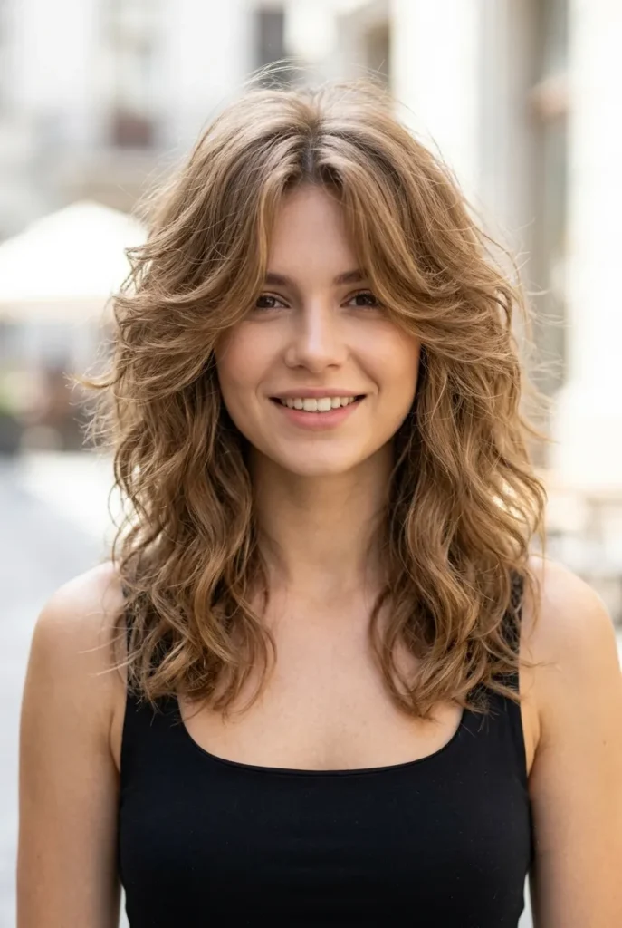 A woman with heavy, cascading face-framing layers in a shoulder-length Butterfly Cut, showcasing explosive volume and texture.