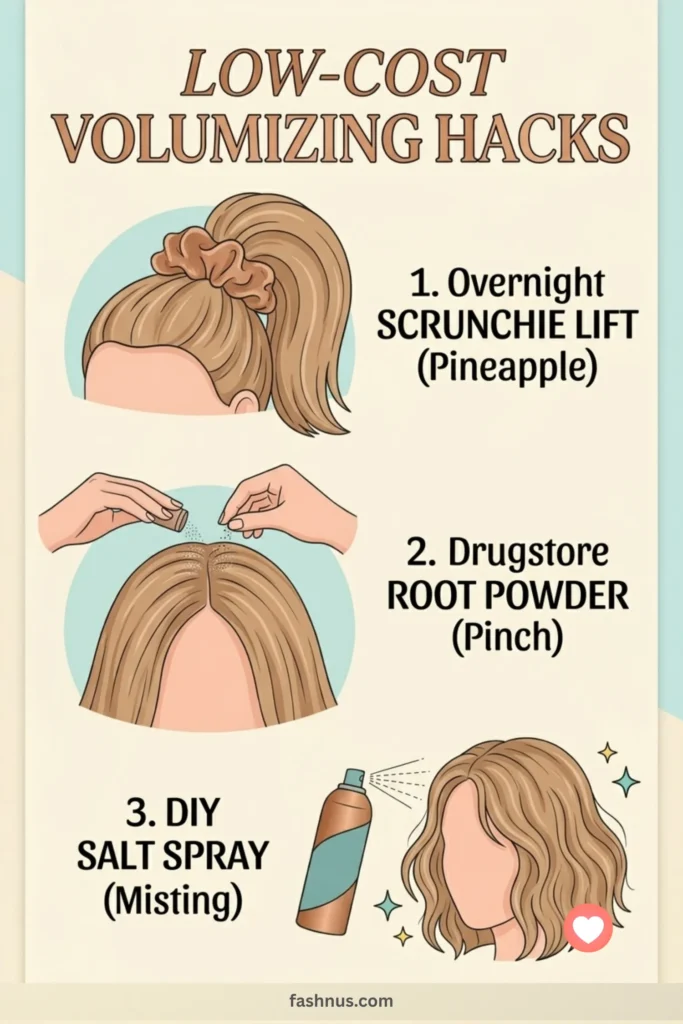 An infographic presenting three budget-friendly volumizing hacks: an overnight scrunchie pineapple lift, drugstore root powder, and DIY sea salt spray