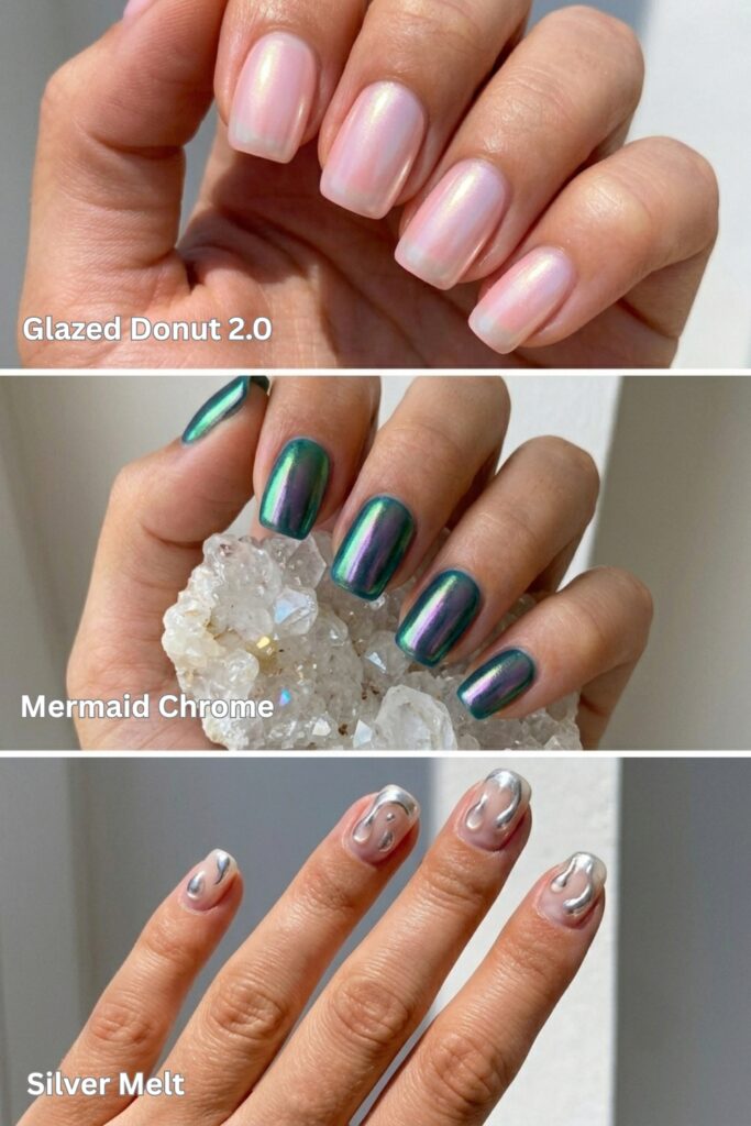 A vertical collage of three metallic and iridescent manicures: top, sheer milky pink nails with pearl chrome ('Glazed Donut 2.0'); middle, green-to-purple shifting 'Mermaid Chrome' nails on a crystal cluster; bottom, clear nails with 3D gel droplets and silver chrome ('Silver Melt').
