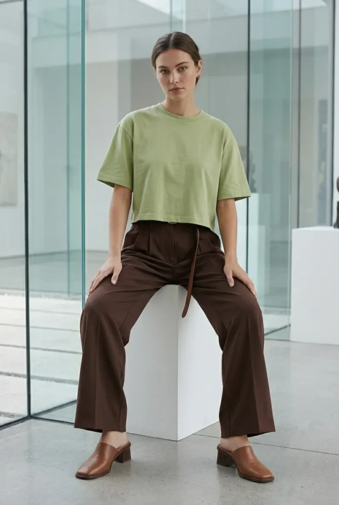 Model in pistachio green boxy crop tee and chocolate brown wide-leg pleated trousers with leather mules, sitting in a minimalist art gallery.