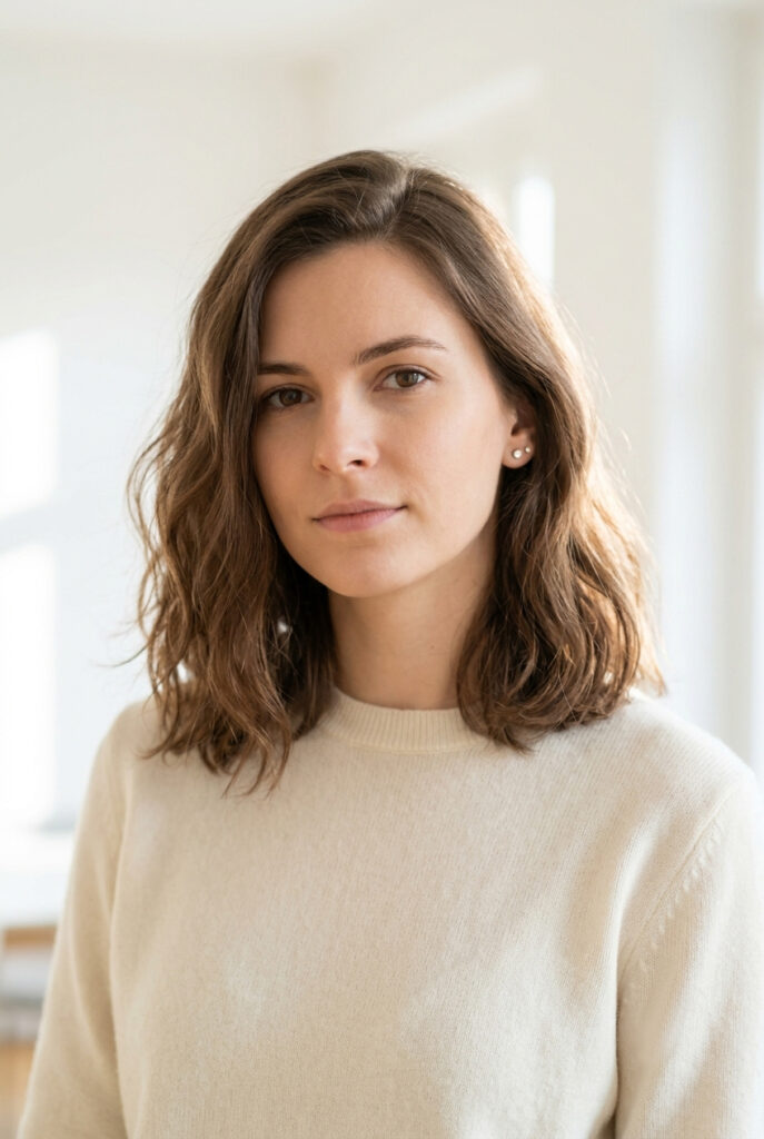 A woman with a precise yet air-dried shoulder-length cut, exemplifying German 'undone chic' and minimal styling.
