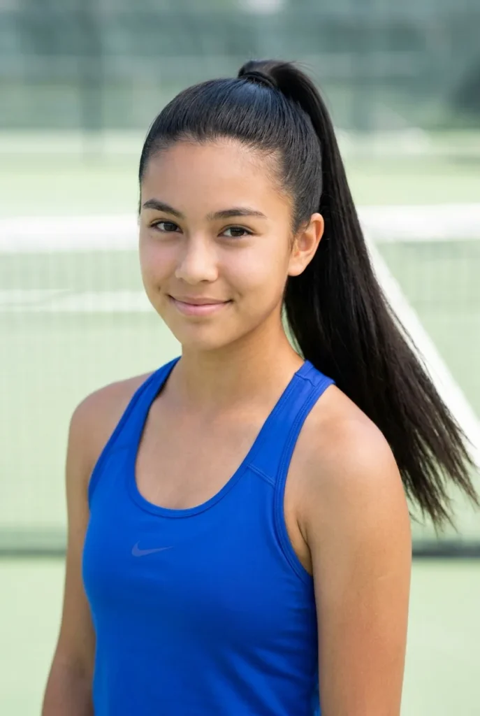 A 16-year-old girl with long, dark hair pulled into a sleek, high ponytail on a tennis court.