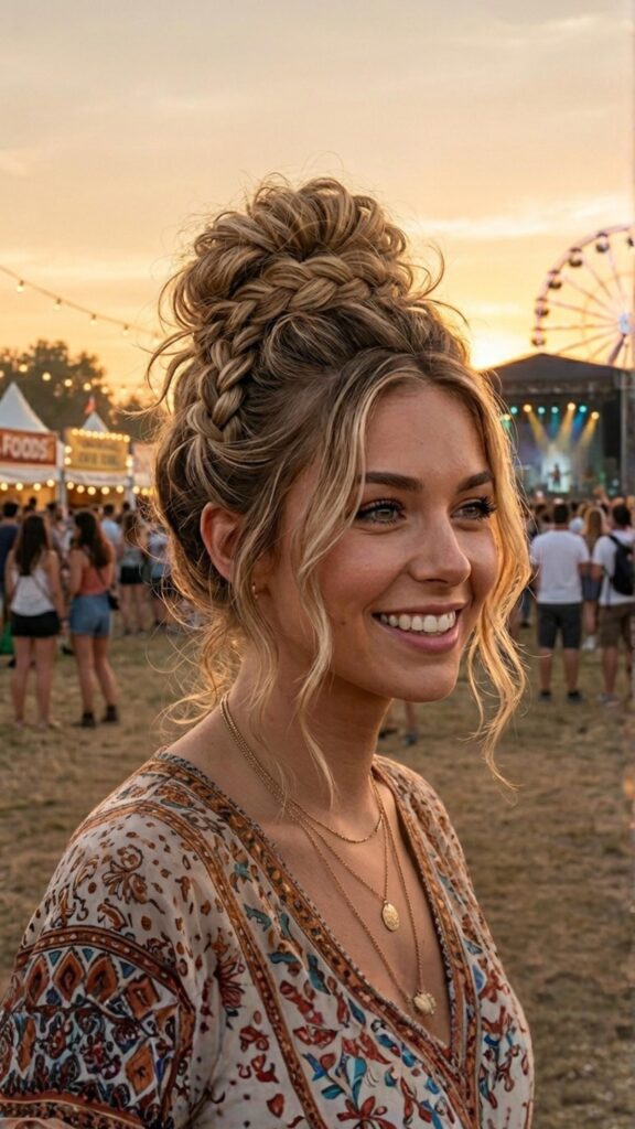 A close-up photograph captures a young woman with complex, blonde, braided-bun updo, smiling and looking to her right against the warm, golden-orange sky of a music festival at sunset. Loose hair tendrils frame her face, and she wears layered gold necklaces and a patterned bohemian dress. The background, in soft focus, shows a Ferris wheel, a stage with lights, a crowd of people, and festival tents.