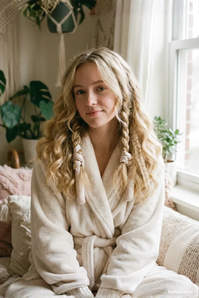 A woman in a soft cream bathrobe showing off heatless overnight curls wrapped around fabric styling rods.