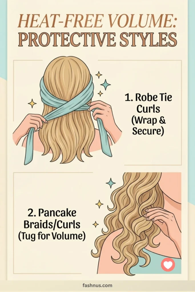A tutorial infographic explaining heat-free volume techniques: wrapping hair with a robe tie for curls and 'pancaking' existing curls for expanded density.