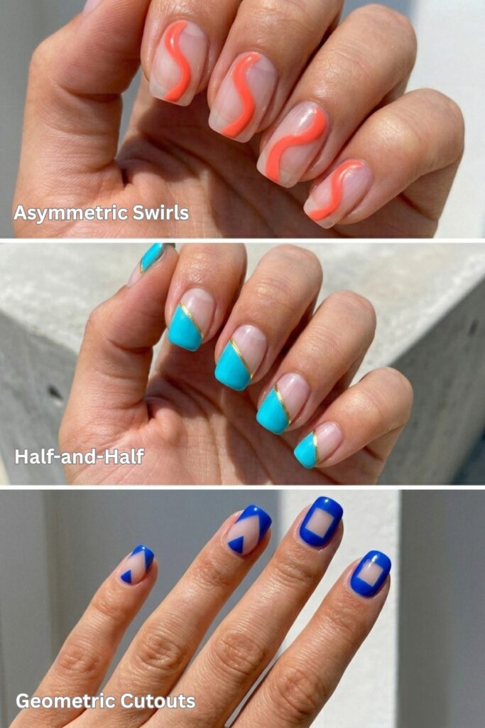 A vertical collage of three negative space manicures: top, clear base with asymmetric coral-orange swirls; middle, diagonally split nails with blue tops and gold separation tape ('Half-and-Half'); bottom, geometric cobalt blue patterns with bare cutouts.