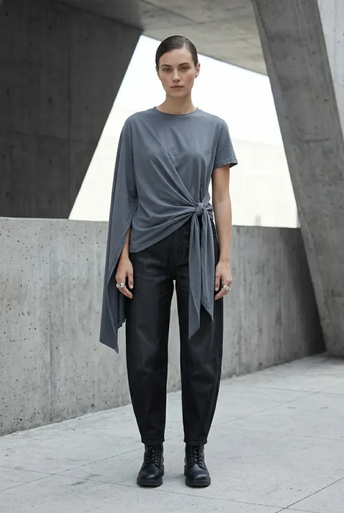Model in slate grey asymmetrical twist tee and charcoal black barrel-leg denim with a subtle sheen, wearing combat boots and chunky rings in a brutalist setting.