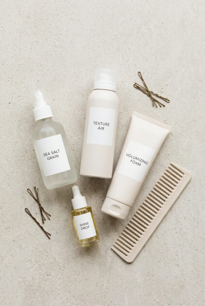 An essential flatlay of texturizing products (Sea Salt, Dry Texture, Mousse, Oil) for achieving 'undone' hair styles.