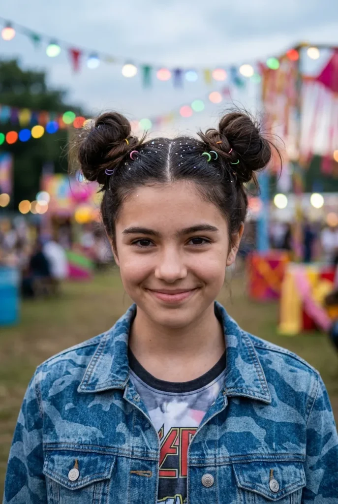 A 15-year-old girl with two high space buns and colorful hair rings in a festive, blurred background.
