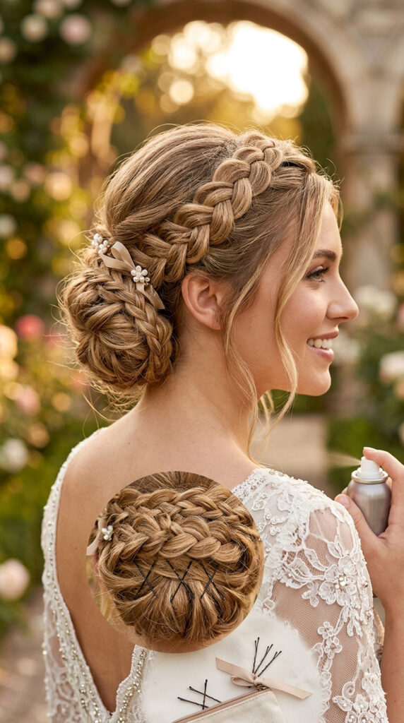 A vertical, close-up photograph of a detailed honey-blonde braided updo, viewed from the three-quarter back angle, set in a golden-hour garden (wedding venue). Two distinct bobby pins are crossed in an 'X' shape near the base of the low textured bun, visible for security. Small pearl and floral accents are woven into the intricate Dutch and crown braids. The updo appears full and structured, with a few soft wisps for realism. In the foreground, a woman's hand gently holds a small, compact can of hairspray, and a tiny, generic cosmetic pouch containing extra pins and a small ribbon is partially visible. The lighting is soft and warm.