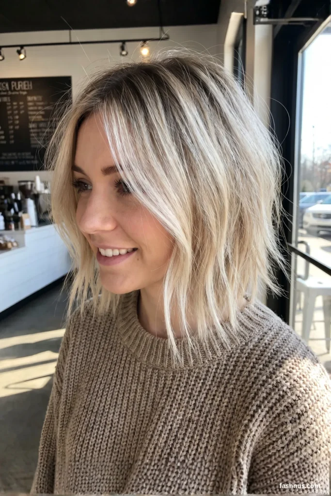 Side profile of a smiling woman showing off a textured, layered blonde bob cut that looks full and voluminous.