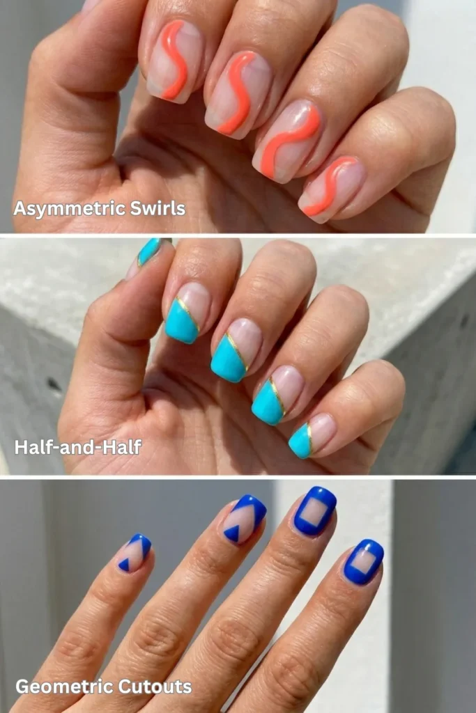 A vertical collage of three negative space manicures: top, clear base with asymmetric coral-orange swirls; middle, diagonally split nails with blue tops and gold separation tape ('Half-and-Half'); bottom, geometric cobalt blue patterns with bare cutouts.