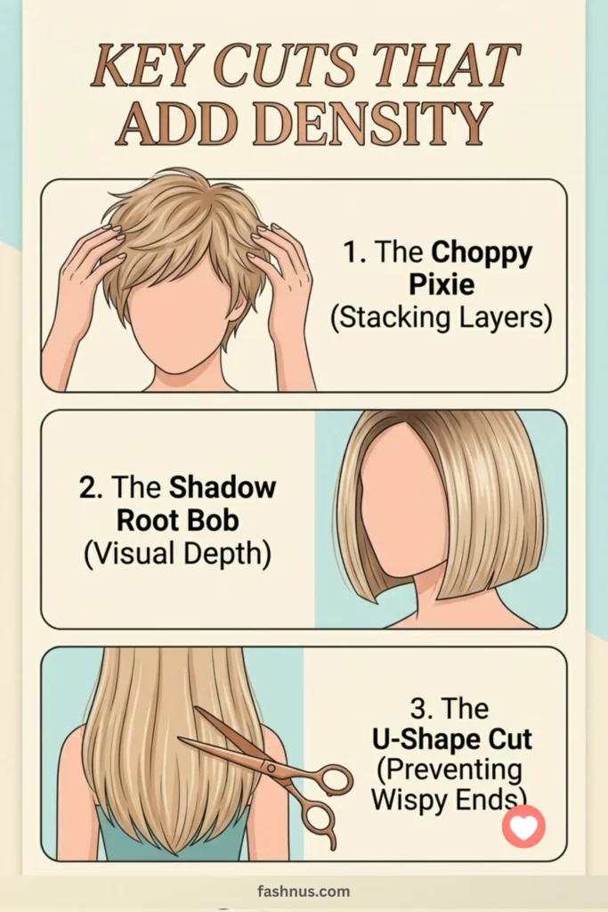 : An infographic summarizing three key haircuts for thin hair that add density: stacking layers in a pixie, using visual depth in a shadow root bob, and a blunt 'U' shape cut to maximize ends.