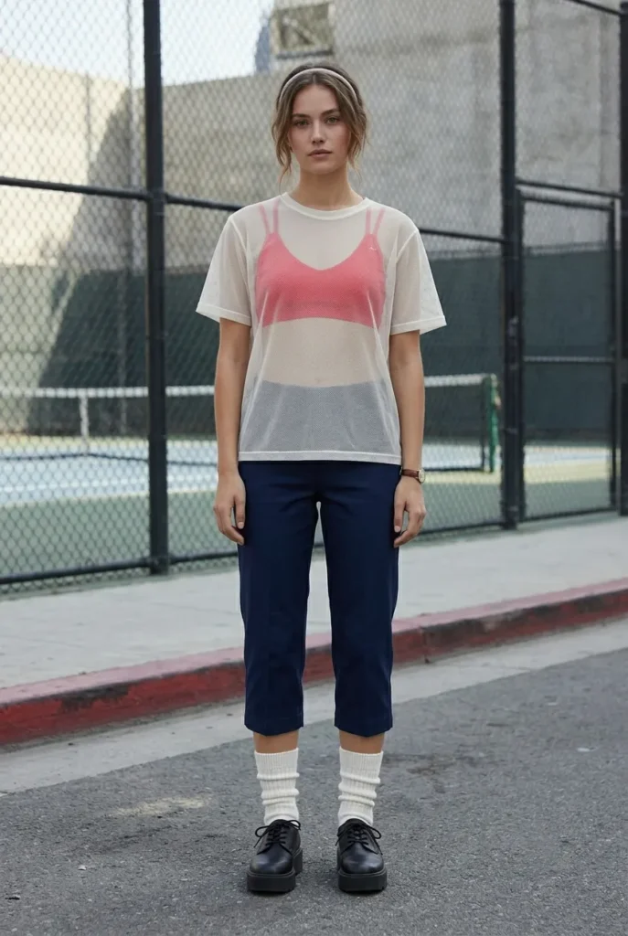 Model in sheer ivory mesh tee over a red sporty bralette and cropped navy pedal pushers with thick white high socks and platform Oxfords, in an underground preppy tennis court setting.