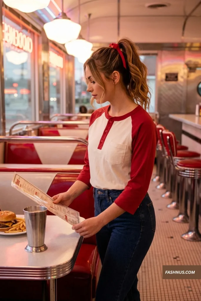 A high-quality vertical photograph taken inside a vintage 1950s roadside diner, capturing a woman casually leaning against a polished chrome booth. She is wearing a cream-colored baseball shirt with 3/4-length cherry-red raglan sleeves, ribbed red collar, small chest pocket, and shiny red snap buttons. Her hair is tied in a bouncy high ponytail with a red ribbon, nodding to the era. A classic stainless steel milkshake cup is on the table in front of her. Warm, ambient light from the counter and neon signs outside reflects off the chrome and red vinyl surfaces. The visual connects to the broader "The Great Road Trip Shift" aesthetic. No text on the image.