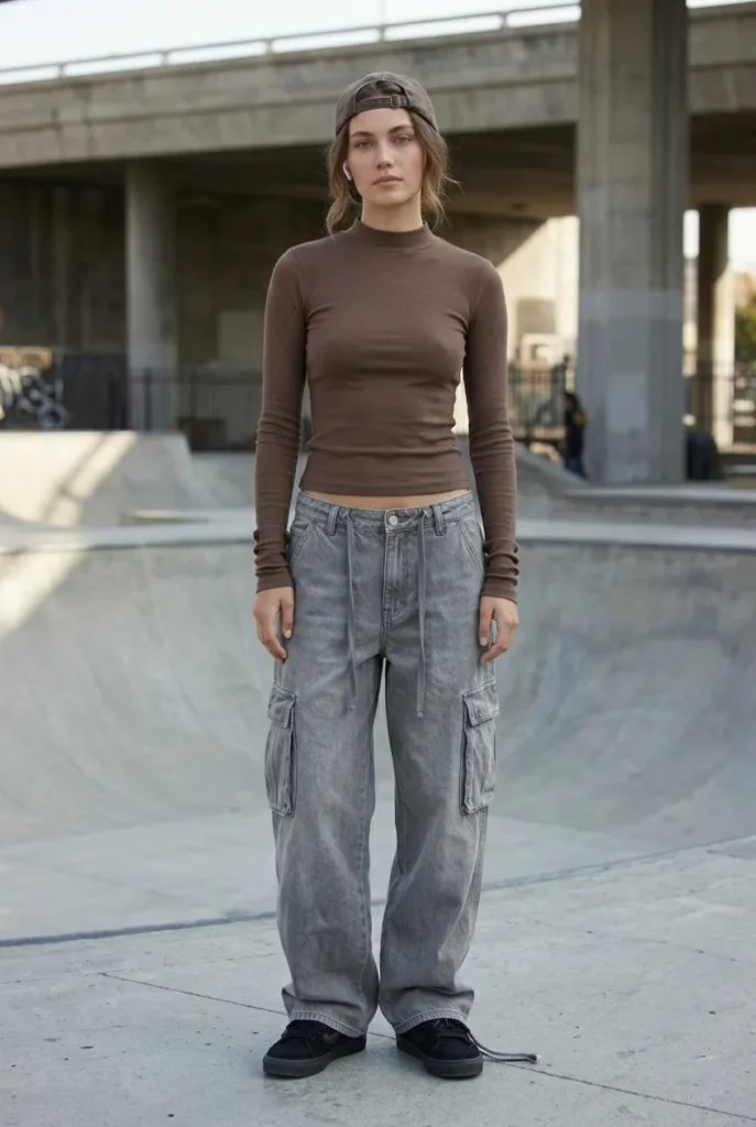 Model in tight cocoa mock-neck rib with extra-long bunched sleeves and super baggy low-rise stone-washed grey cargo carpenters with large pockets and a loose drawstring, in a gritty skatepark setting.