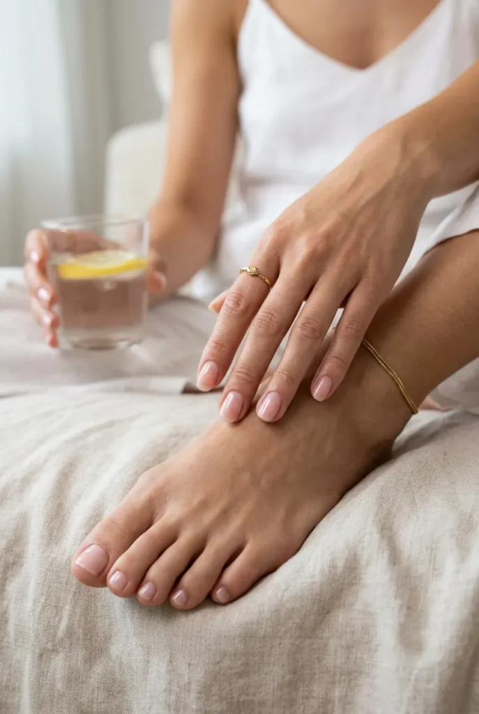 A vertical close-up photograph of a woman's manicured hand and matching pedicured foot resting on white linen, both featuring super-glossy, translucent milky-pink 'Lip Gloss Sheer' nail polish catching the light.