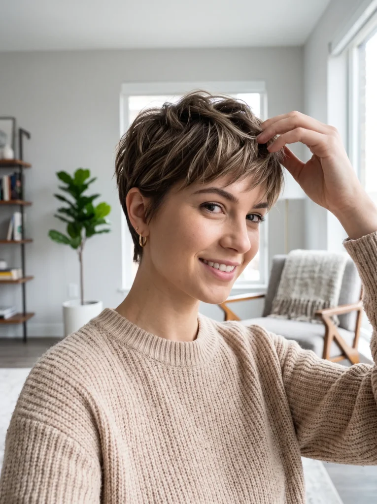 A smiling young woman with a textured pixie cut with soft brown highlights and wispy layers, wearing a beige knit sweater and gold hoop earring in a bright home setting - textured pixie boy cut hairstyle for girls from fashnus.com.
