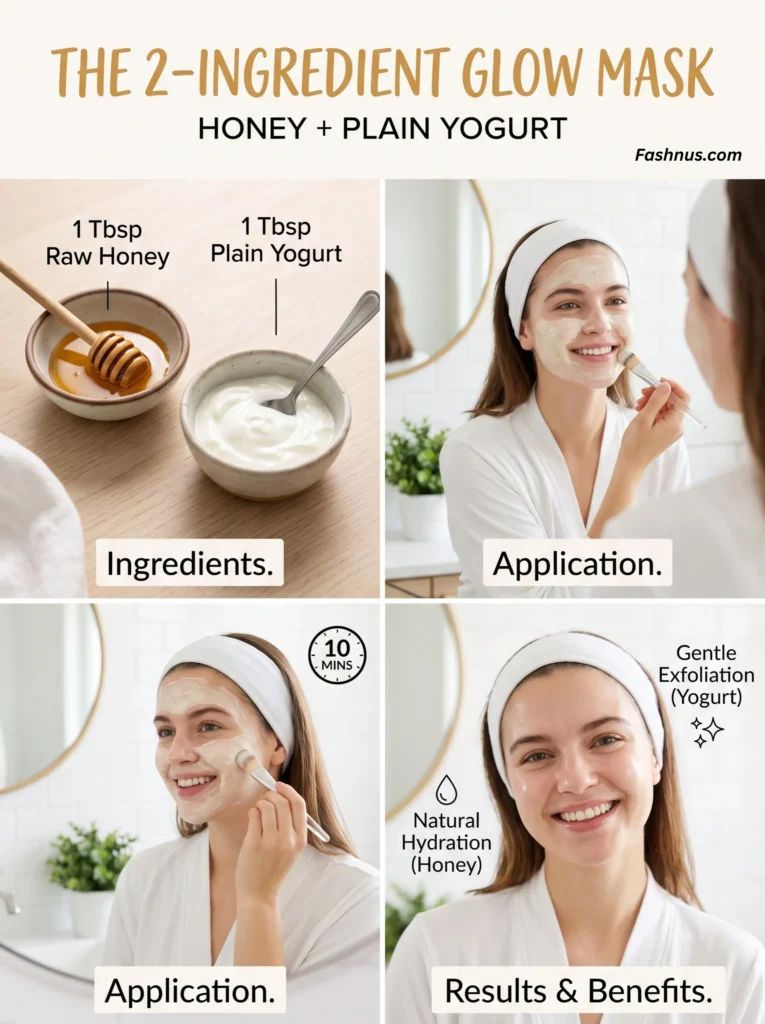 Infographic showing how to make a 2-ingredient honey and plain yogurt glow mask.