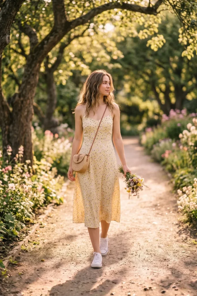 A young woman smiling on a sun-dappled park path, wearing a yellow floral sundress and holding a small bouquet of wildflowers.