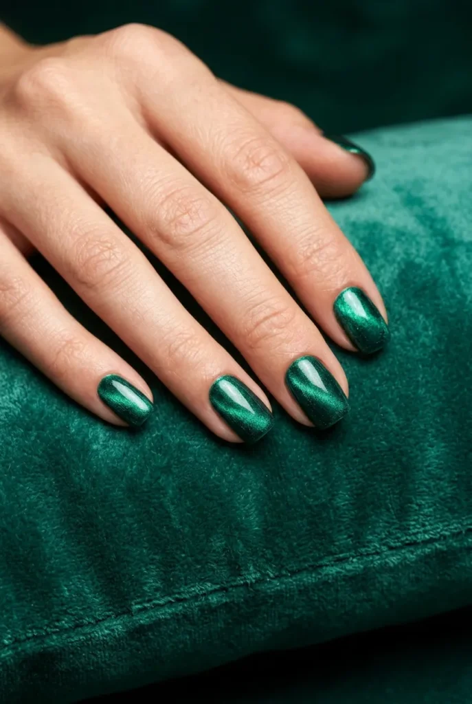 A close-up of fingernails with a deep emerald green magnetic velvet manicure, showing a light-catching, plush texture on a dark velvet cushion.