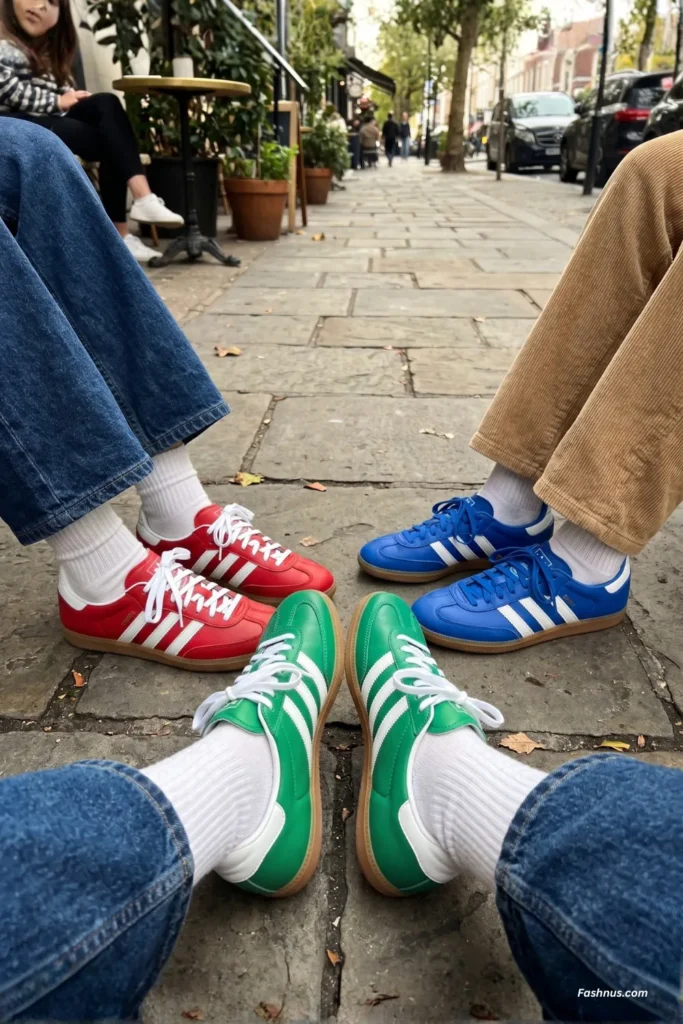 A top-down shot of three pairs of feet wearing low-profile retro sneakers in red, blue, and green, all featuring iconic white stripes and gum soles, on a city sidewalk.