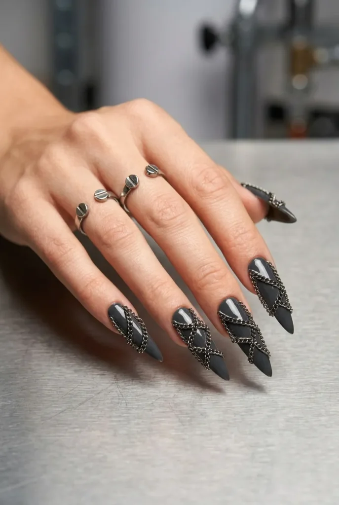 Long, pointed saber nails with real, tiny gunmetal chains intricately secured and draped across the surface, against a brushed metal background.