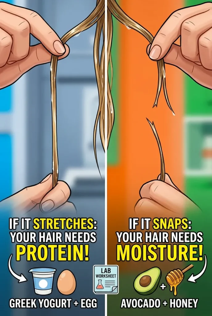 A vertical infographic split in two, illustrating the "Strand Test" diagnostic. On the left (blue/grey background), a hand pulls a glistening wet brown hair strand, which stretches like a rubber band. Text reads: "IF IT STRETCHES: YOUR HAIR NEEDS PROTEIN!" (Greek Yogurt + Egg). On the right (orange/green background), another hand pulls a wet hair strand, which snaps immediately, breaking cleanly. Text reads: "IF IT SNAPS: YOUR HAIR NEEDS MOISTURE!" (Avocado + Honey). Below both, a small "LAB WORKSHEET" icon and the word "DIAGNOSTIC" are visible.